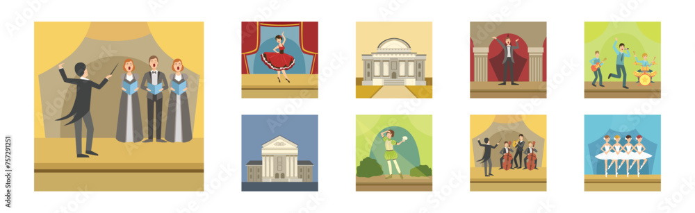 Poster theater performance with people character show on stage and building vector set