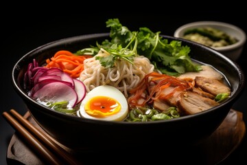 Authentic japanese ramen soup, delicious asian noodles with savory broth
