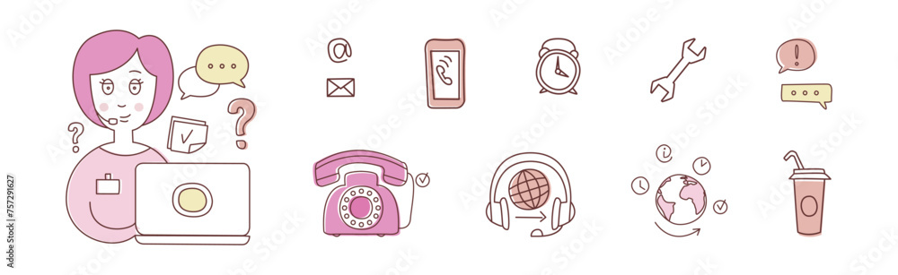Poster support service icon and call center element with operator vector set