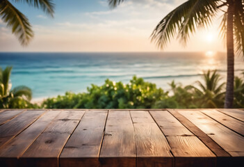 Top of wood table with seascape and palm tree, blur bokeh light of calm sea and sky at tropical...
