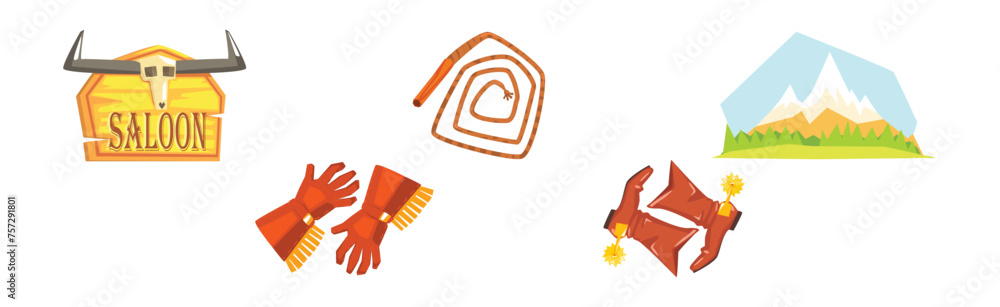 Poster wild west object and symbol flat colorful vector set