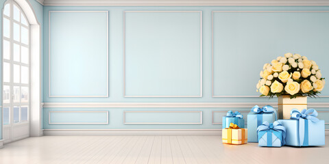 Fototapeta na wymiar Bright empty room with window wall decorated with big flower bouquet and gift boxes. Holiday wide background. Copy space. AI generated illustration