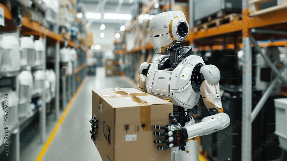 Poster autonomous robot handling packages in a high-tech warehouse for efficient logistics.