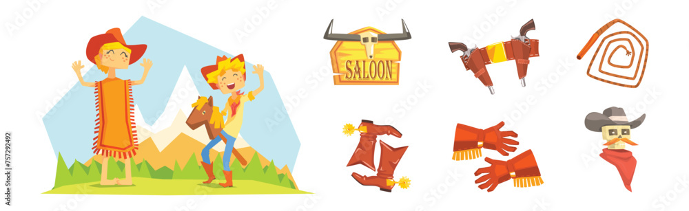 Poster wild west object and symbol flat colorful vector set