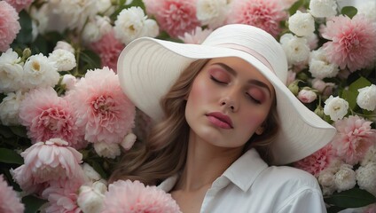 Floral Inspiration: Woman in White Hat Surrounded by Pink and White Flowers.