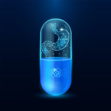 Microchip Stomach Interface In Capsule Blue Luminous. Smart Digital Pills In Health Care Alternative. Medicine Futuristic. Pharmaceutical And Scientific Medical Technology Concept. Vector.