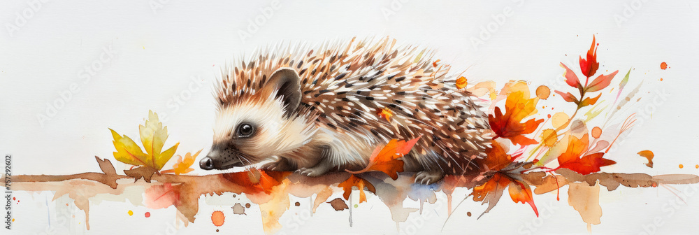 Poster Watercolor illustration of a cute hedgehog on a branch with autumn leaves, ideal for seasonal greeting cards or backgrounds with copy space