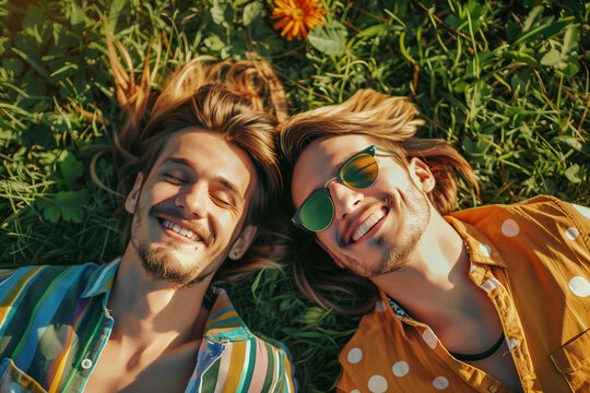 two men laying on back on grass laughing in sunshine wearing foil sunglasses