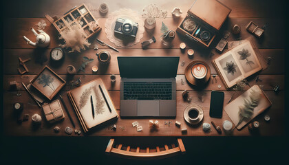 Nostalgic Workspace: Vintage-Inspired Desk Setup with Coffee and Memories