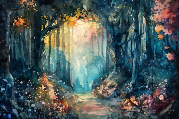 Enchanting watercolor illustration of a magical forest pathway with vibrant colors and light, ideal for fairytale themes and creative backgrounds with copy space