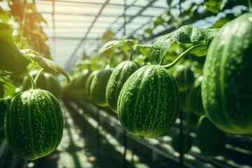 Vibrant and plump watermelons thriving in a sun-drenched greenhouse, basking in the glorious rays - obrazy, fototapety, plakaty