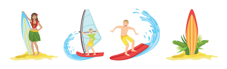 Man and Woman Surfer Character with Surfboard Vector Set
