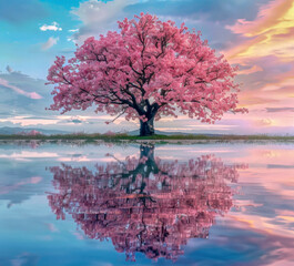 Large sakura tree with reflection - obrazy, fototapety, plakaty