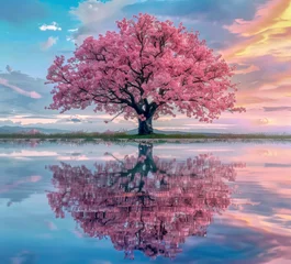 Gordijnen Large sakura tree with reflection © outdoorsman