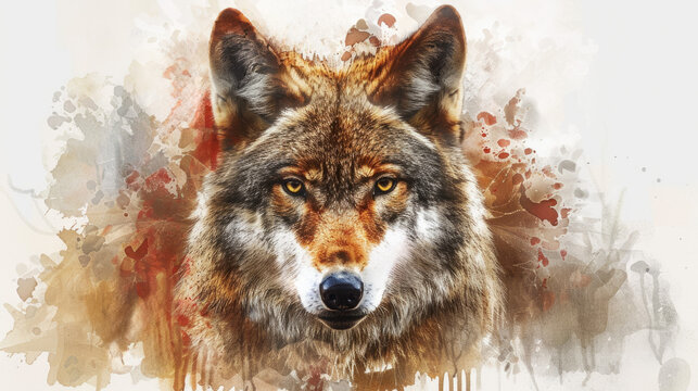 Artistic digital painting of a wolf with a dynamic watercolor background, ideal for wildlife themes and creative designs with ample space for text