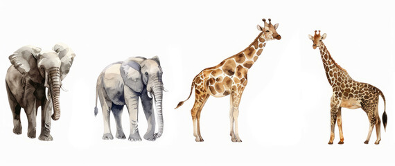 Set of four watercolor African animals isolated on white background, featuring two elephants and two giraffes, suitable for educational materials and themed decorations