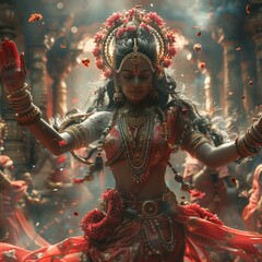 goddess Kali Ma performing the dance of creation, preservation and destruction, Hindu deity, goddess of death and destruction - obrazy, fototapety, plakaty