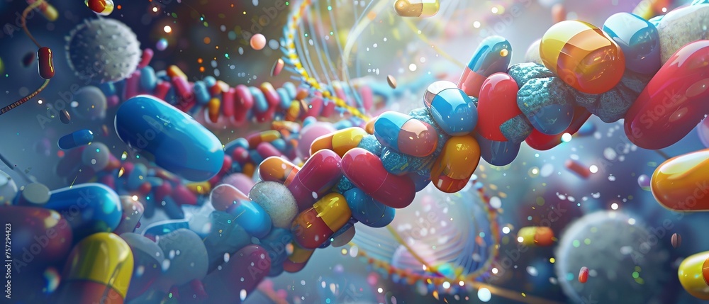 Wall mural a visionary depiction of personalized medicine tailored to dna, colorful pills and dna strands in th