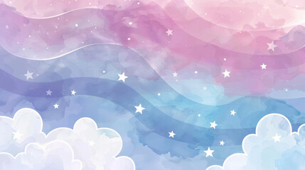 Dreamy Kawaii pastel sky background with soft clouds and stars, ideal for children's book covers or magical themed designs with copy space