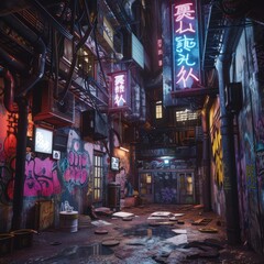 Graffiti covered back alleys of a cyberpunk city