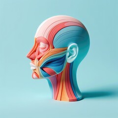3D Model of Human Head with Anatomy of Facial Muscles. Soft shapes 3D illustration with delicate pastel colors.