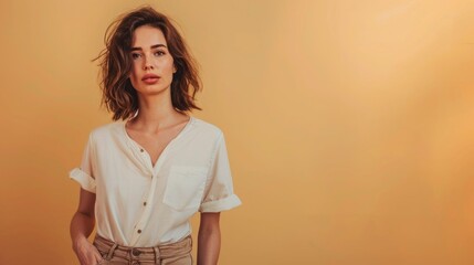 Obraz premium beautiful woman with short hair on beige background in a studio in high resolution and high quality hd