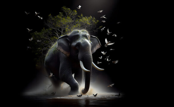 Asian elephant on black background