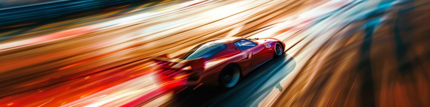 Racing car at extreme velocity, blur of the racetrack, intense focus and speed, competitive atmosphere