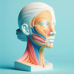 3D Model of Human Head with Anatomy of Facial Muscles. Soft shapes 3D illustration with delicate pastel colors.