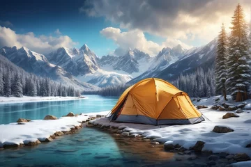 Fotobehang Tourist Tent Near a Wild Clear River: Winter Tourism Advertisement. © alexx_60