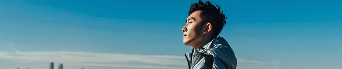 Fit Asian man sightseeing from viewpoint silver jacket purposeful look expansive clear sky for copy space