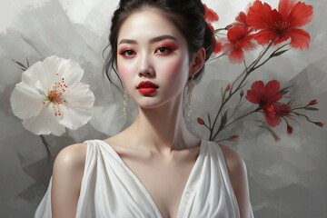 Portrait of a Japanese Slender Young Beautiful Stylish Woman in White, Red Lips, White Eyelashes!!! Perfect Makeup, Porcelain Perfect Skin.