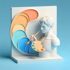 3D Model of Palette and Plaster Sculpture for Artist. Soft shapes 3D illustration with delicate pastel colors.