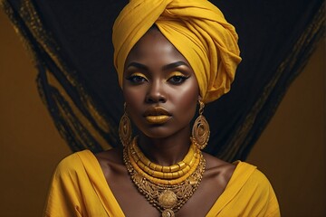 Portrait of an African Slender Young Beautiful Stylish Woman in a Yellow Turban with Yellow African Ornaments, Yellow Lips, Yellow Eyelashes, and Eyelids, Perfect Makeup.