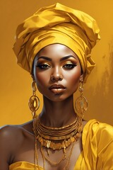 Portrait of an African Slender Young Beautiful Stylish Woman in a Yellow Turban with Yellow African Ornaments, Yellow Lips, Yellow Eyelashes, and Eyelids, Perfect Makeup.