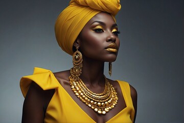 Naklejka na ściany i meble Portrait of an African Slender Young Beautiful Stylish Woman in a Yellow Turban with Yellow African Ornaments, Yellow Lips, Yellow Eyelashes, and Eyelids, Perfect Makeup.