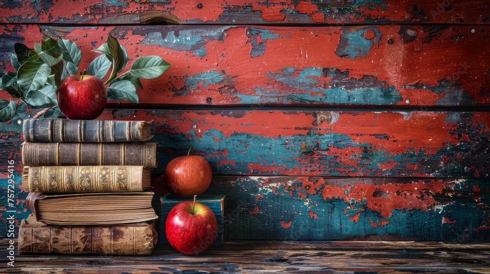Poster Stack of Books With Apples on Top