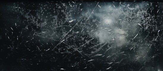 A close up of shattered glass window against a dark background resembles a cosmic event, with intricate patterns reflecting the darkness of space