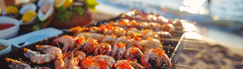 A festive seafood barbecue on the beach with salmon roe and sweet shrimp