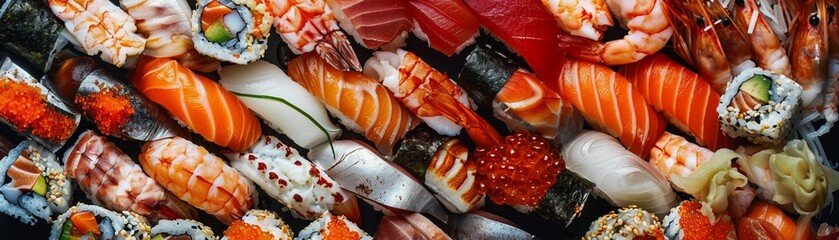 A feast for the eyes an assortment of sushi and sashimi - obrazy, fototapety, plakaty