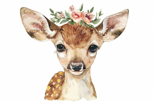 Watercolor illustration of a fawn with a floral crown on a white background, suitable for spring or nursery themed designs with copy space