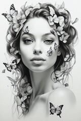 Pencil Drawing of a Woman's Face with Butterflies in Her Hair, Perfect Face, Natural Beauty, Portrait of an Elegant Woman.