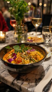 An intimate Thai dining scene featuring Khao Soi with its rich curry and Laab