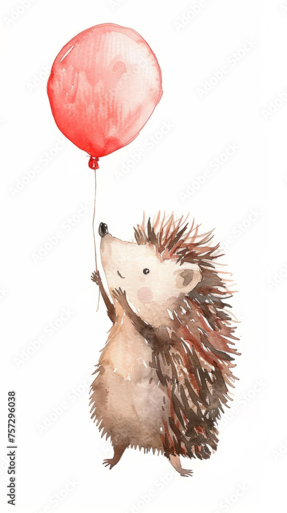 Canvas Prints Cute watercolor illustration of a whimsical hedgehog holding a red balloon with ample white background space for text, ideal for children's book covers, greeting cards, and birthday themed designs