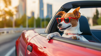 happy fashion puppy dog wearing red sun glasses on red sport car with open window travel trip with fun in city during vacation with view of city behind