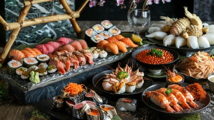 Exquisite seafood buffet featuring an array of dishes from salmon to sea urchin