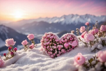 Flower Heart on Snow in Front of Snowy Mountains, Romantic Scene with Pink Sun over Beautiful Valley.