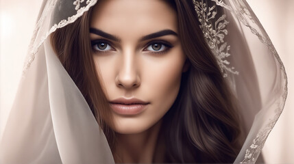 A woman with long brown hair and a veil covering her face. The veil is white and has a lace design. The woman has a very pretty and elegant look