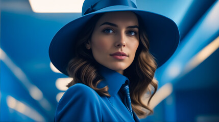 A woman wearing a blue hat and a blue coat. She is looking at the camera. The image has a mood of elegance and sophistication - Powered by Adobe