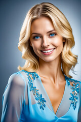 A woman with blonde hair and blue eyes is smiling and wearing a blue dress with flowers on it